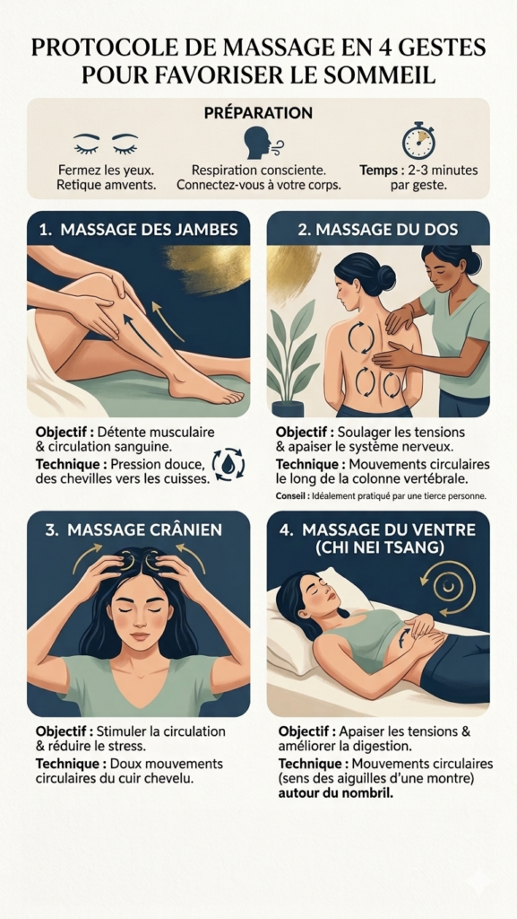 Infographie protocole de massage en 4 gestes pour le sommeil
